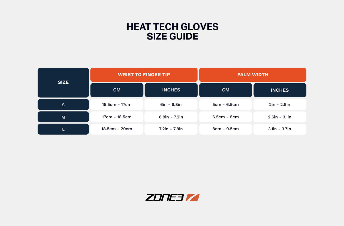 Heat Tech Gloves size guide displaying size column and wrist to fingertip and palm width measurements in cm and inches.