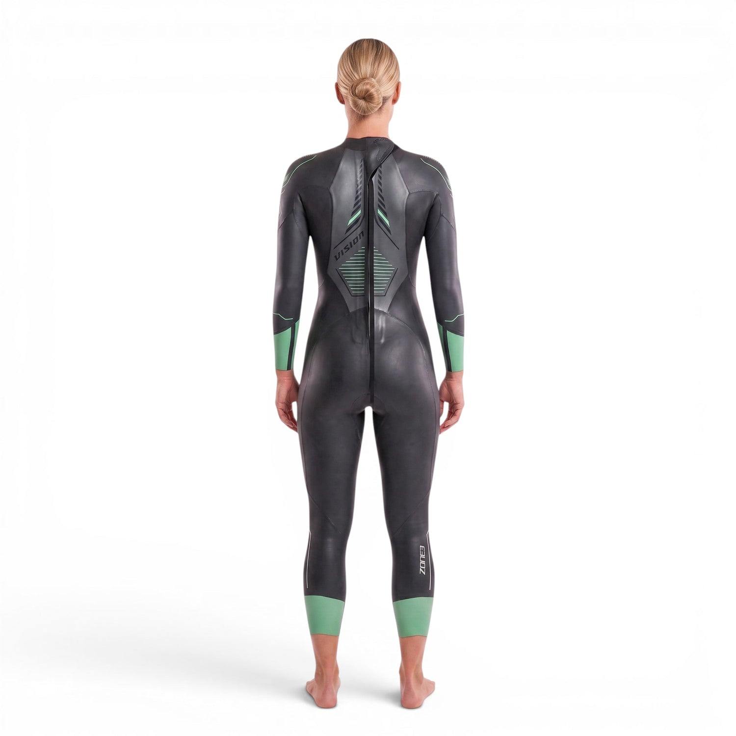 A woman wearing the Zone3 Vision wetsuit on a white background.