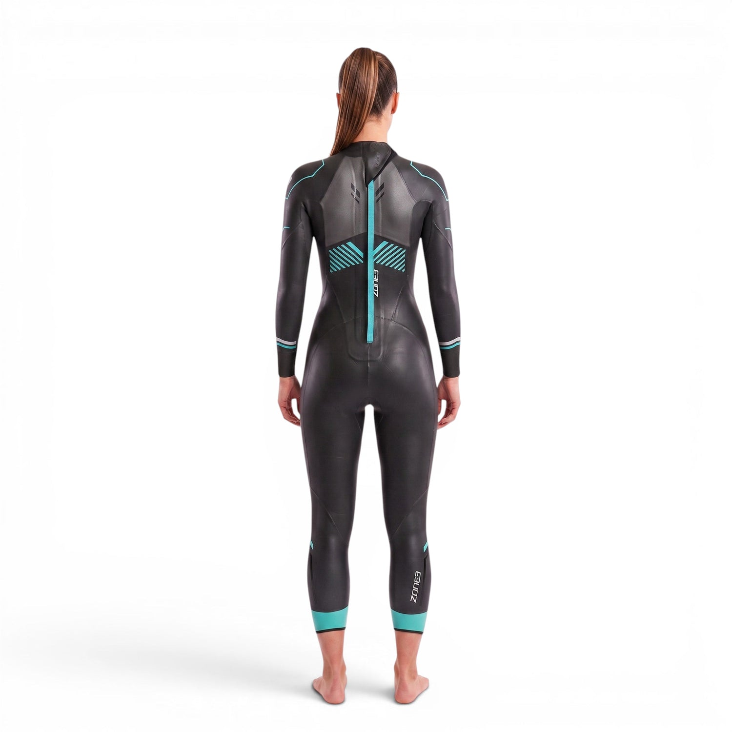 A woman wearing the Zone3 Advance wetsuit on a white background.