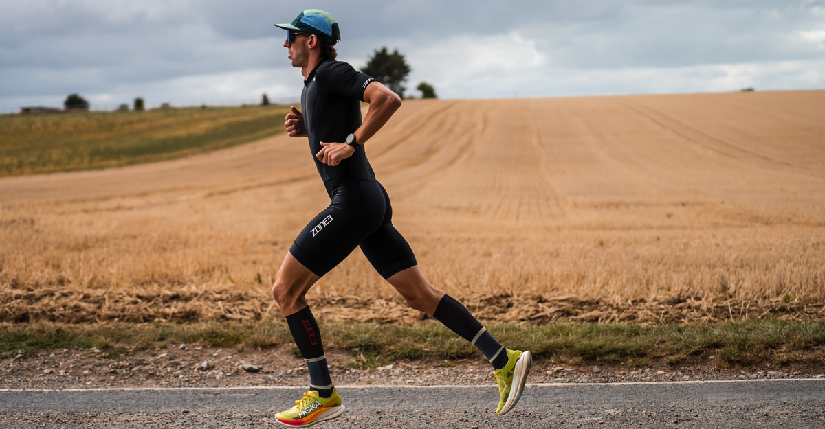 Person running on a road with a field and trees in the background wearing zone3 triwear gear