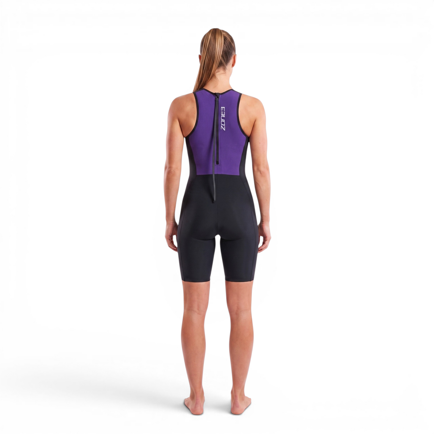 back of a woman wearing a black Streamline Sleeveless Swimskin on a white background.