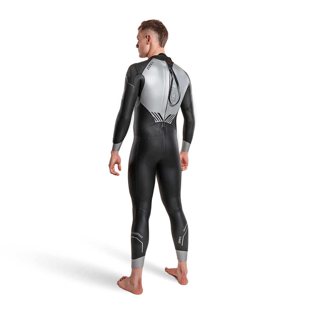 Agile Wetsuit featured in a white studio setting from the back highlighting the silver detailing for visibility 