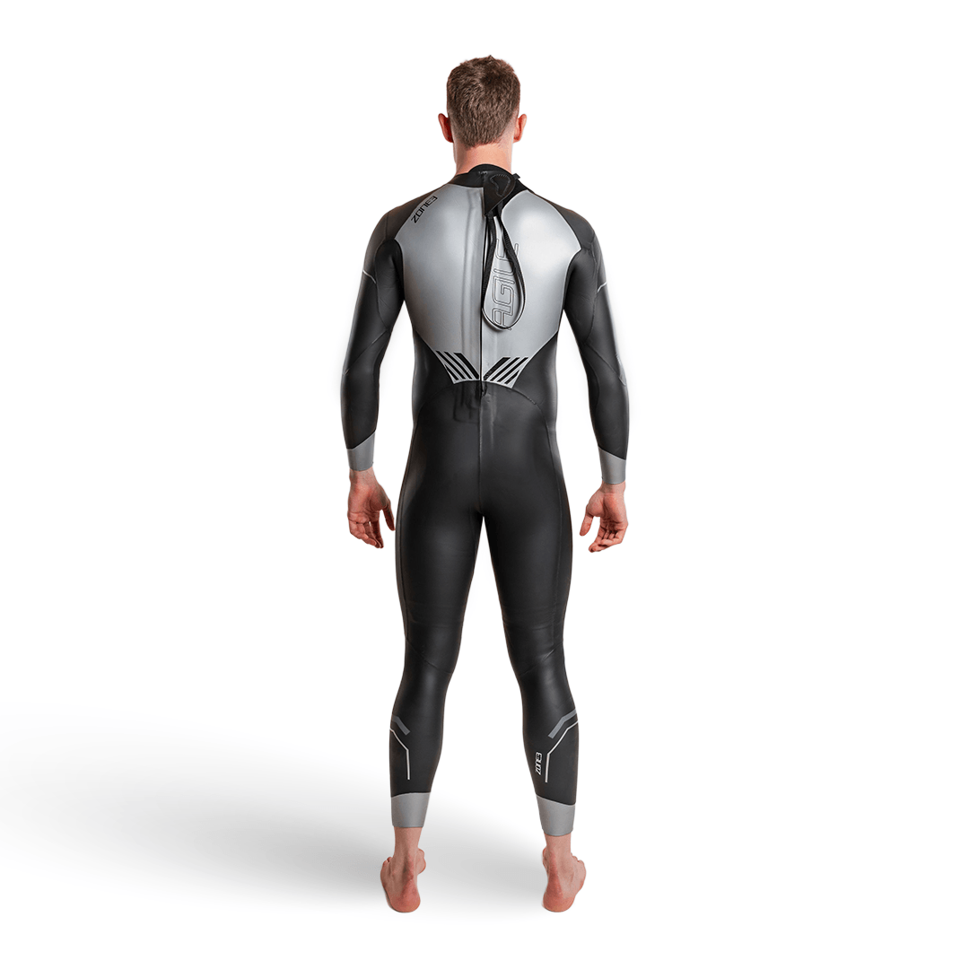Agile Wetsuit featured in a white studio setting from the back highlighting the silver detailing for visibility 
