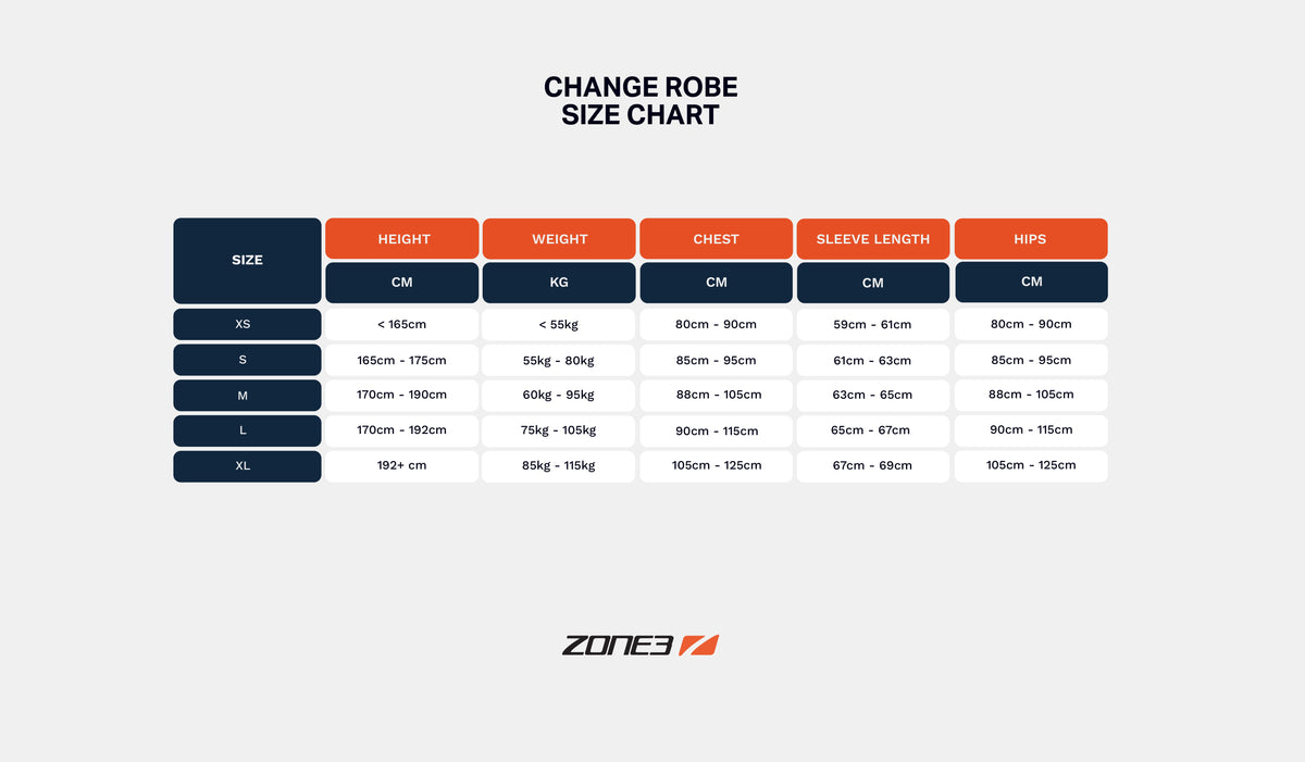 Change robe size chart showing size column and measurements for height weight chest sleeve length and hips.
