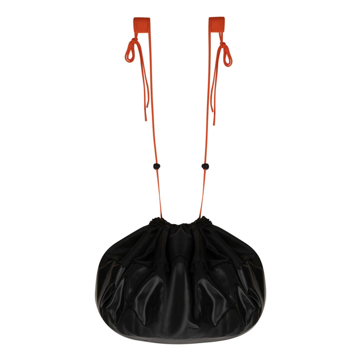 Black wetsuit changing mat with bright orange drawstrings at the opening.