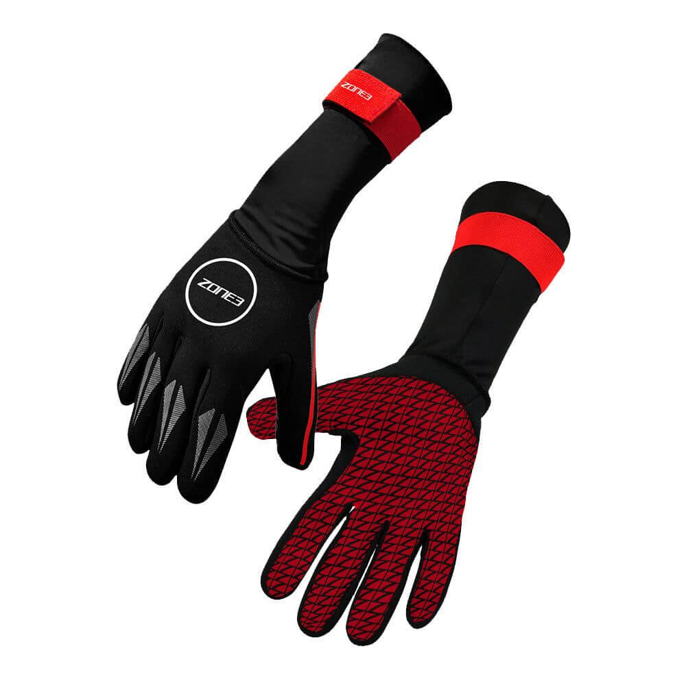 Neoprene Gloves in black and red design by ZONE3, designed for cold water swimming to keep hands warm and insulated.
