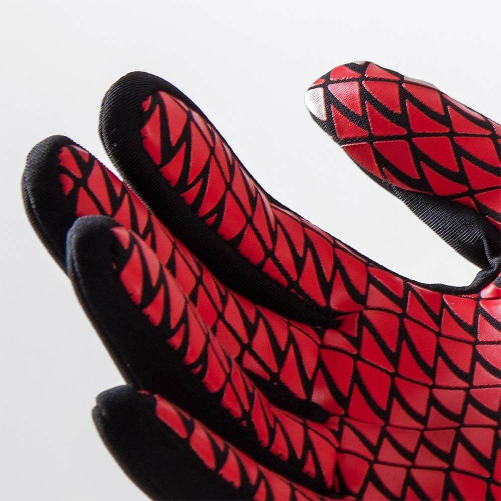 Close-up of Neoprene Gloves with a red and black design, ideal for cold water swimming.