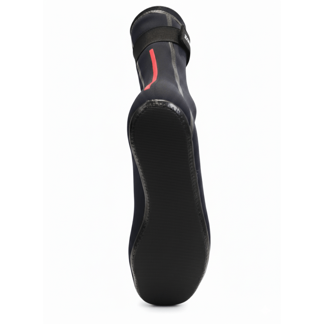 Single black Heat-Tech Swim Sock with red side stripe and textured sole.