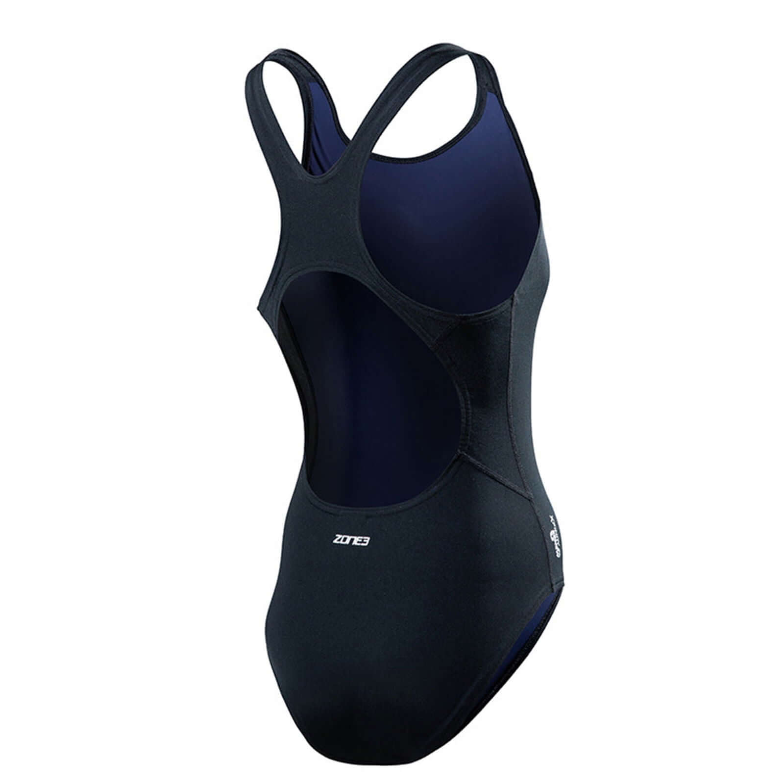 A woman wearing the Zone3 OWS Renew classic swimsuit on a white background.