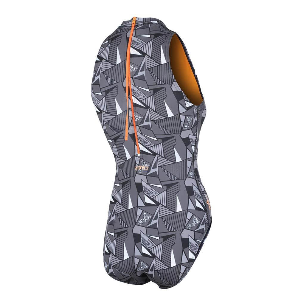 A woman wearing the Zone3 OWS Renew high neck swimsuit on a white background.