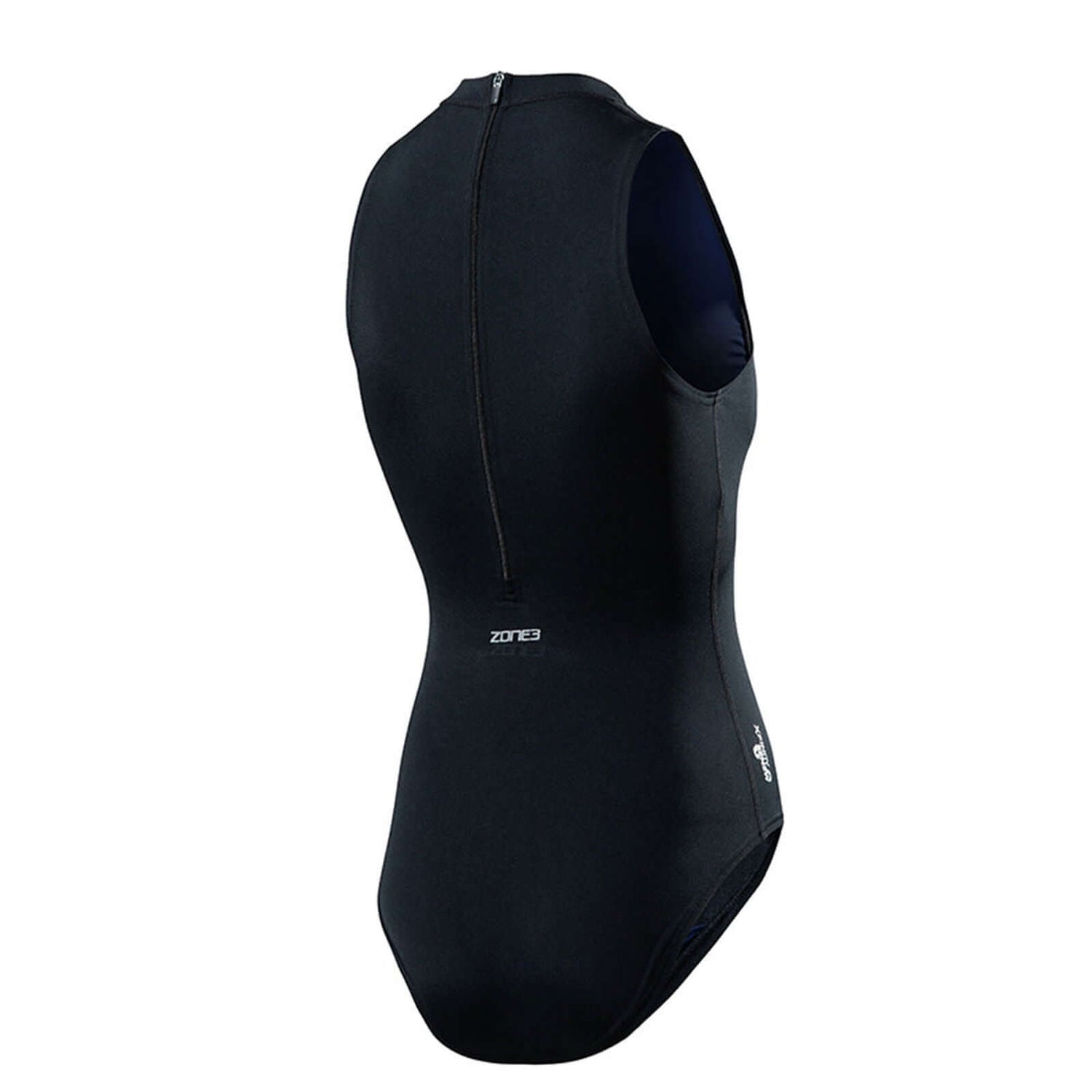 A woman wearing the Zone3 OWS Renew high neck swimsuit on a white background.