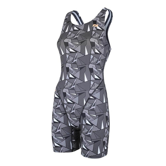 A woman wearing the Zone3 OWS Renew short leg kneeskin swimsuit on a white background.