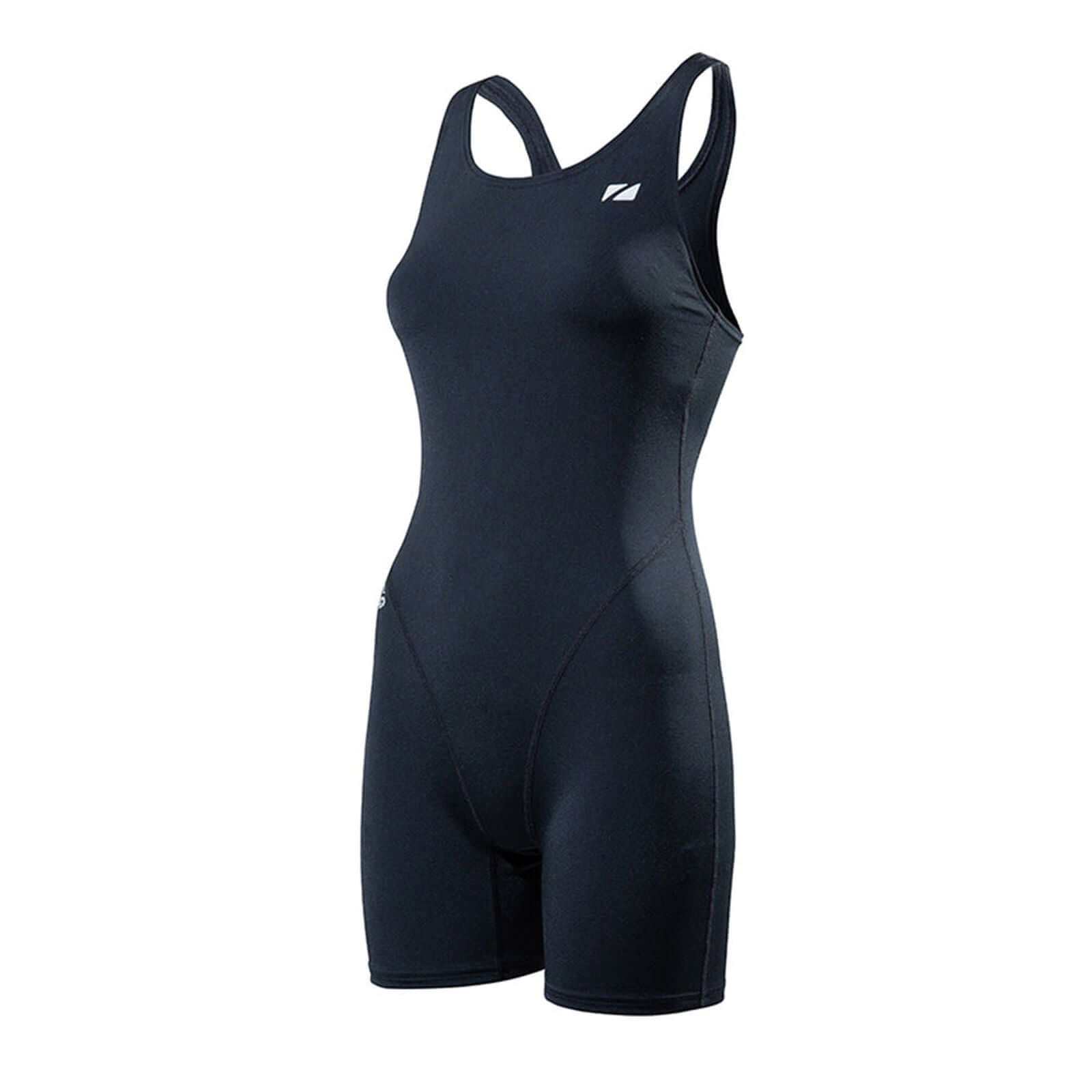 A woman wearing the Zone3 OWS Renew short leg kneeskin swimsuit on a white background.