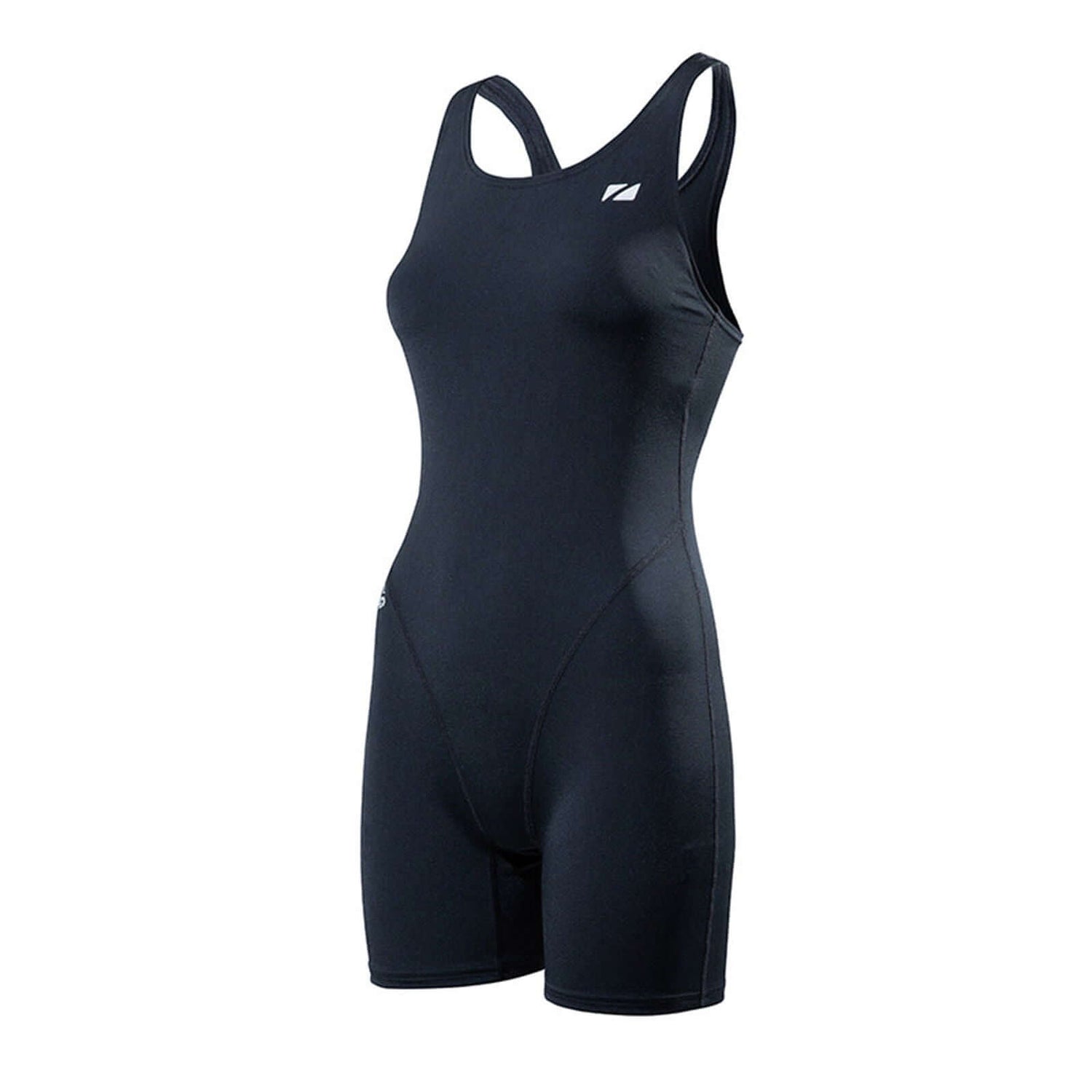 A woman wearing the Zone3 OWS Renew short leg kneeskin swimsuit on a white background.