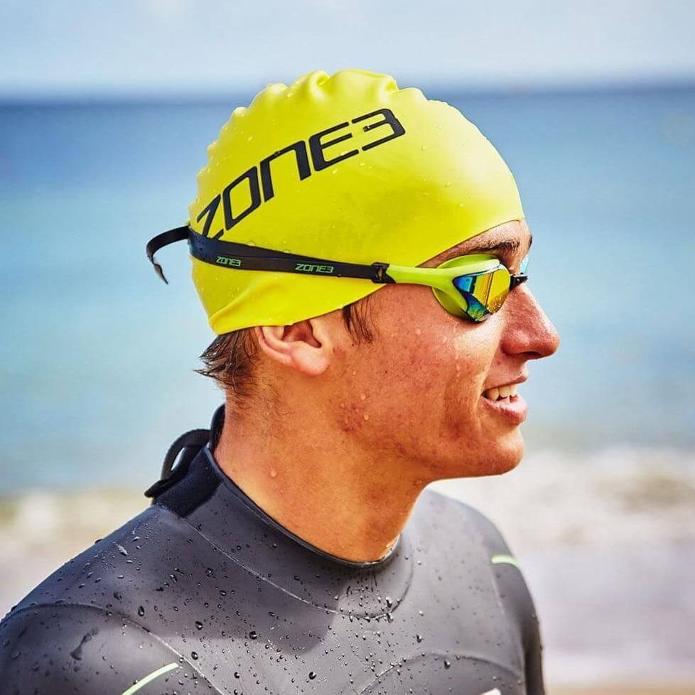 A Zone3 48g silicone swim cap on a white background.