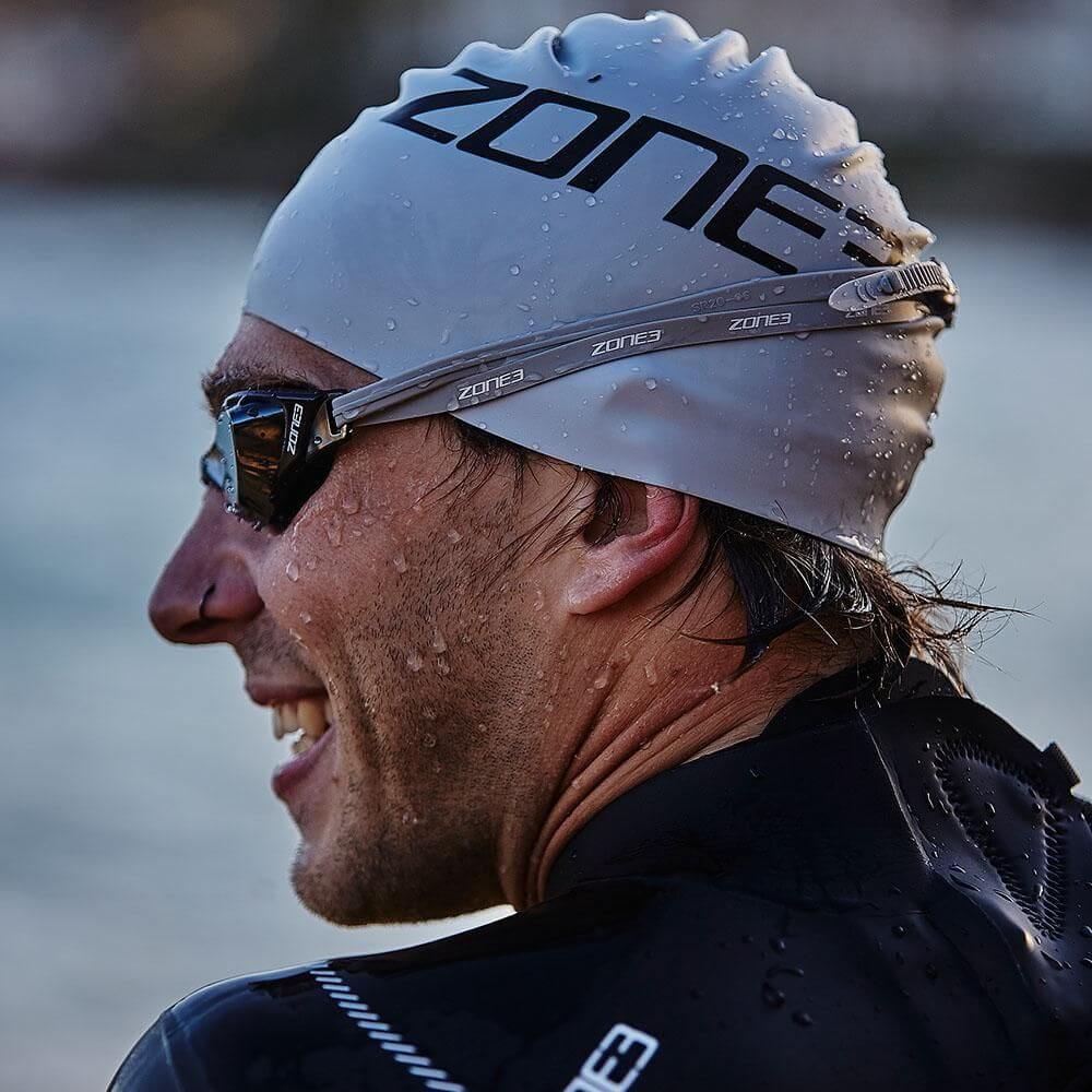 A Zone3 48g silicone swim cap on a white background.