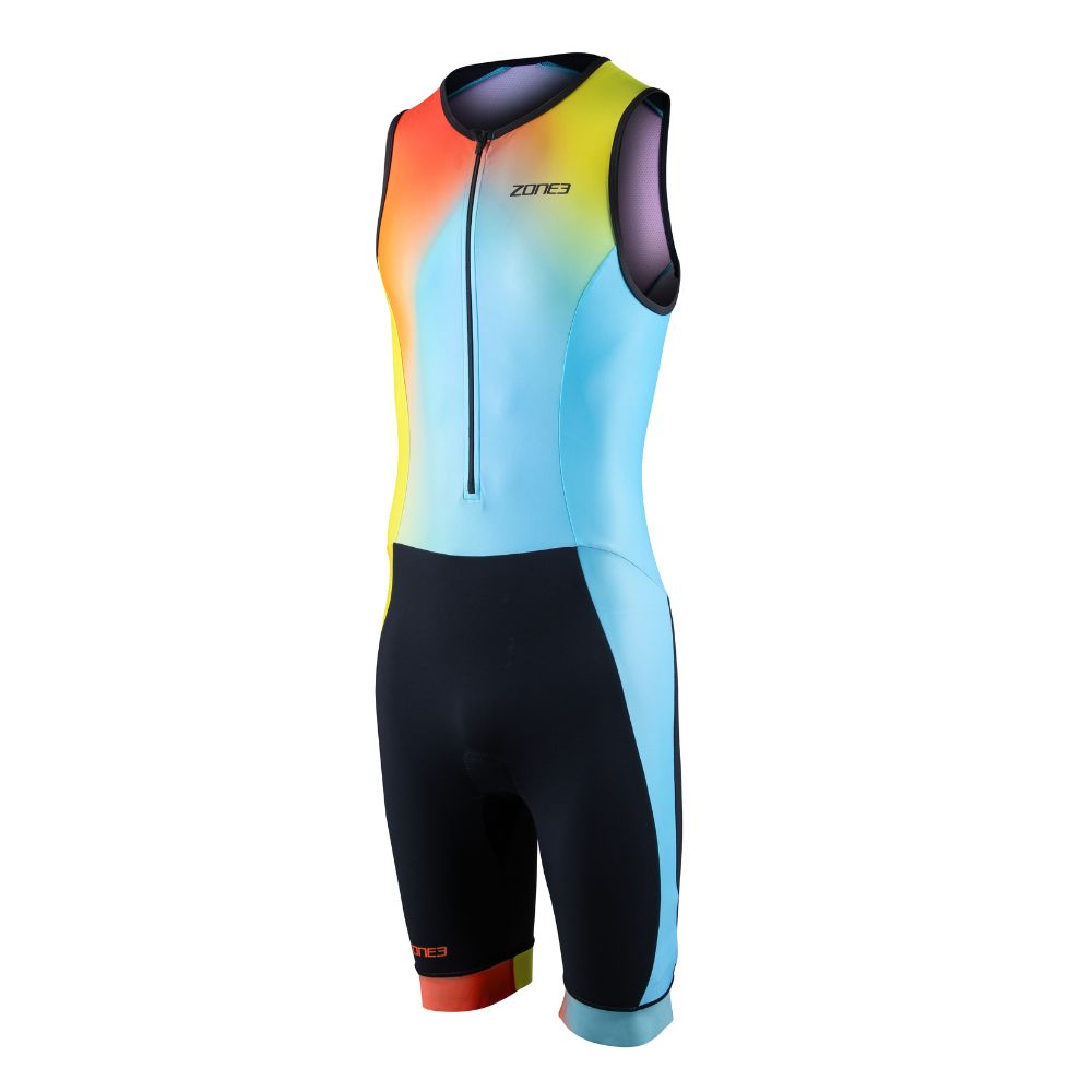 Front view of the ZONE3 Activate+ men's sleeveless trisuit with a gradient design in blue, yellow, and orange. Features a front zip and black shorts section.
