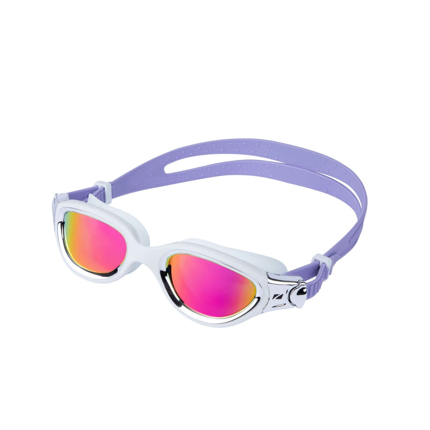 Venator-X swim goggles with white frame purple strap and pink mirrored lenses