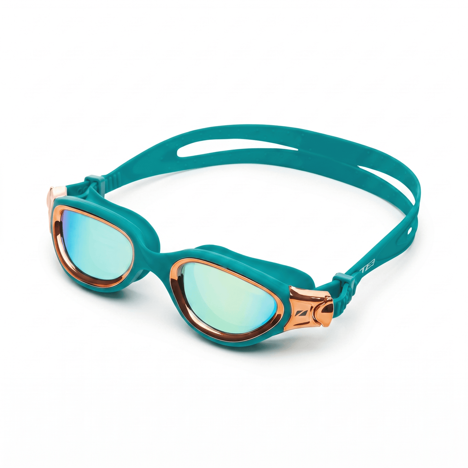 Venator-X Swim Goggles in teal and copper on studio white background 