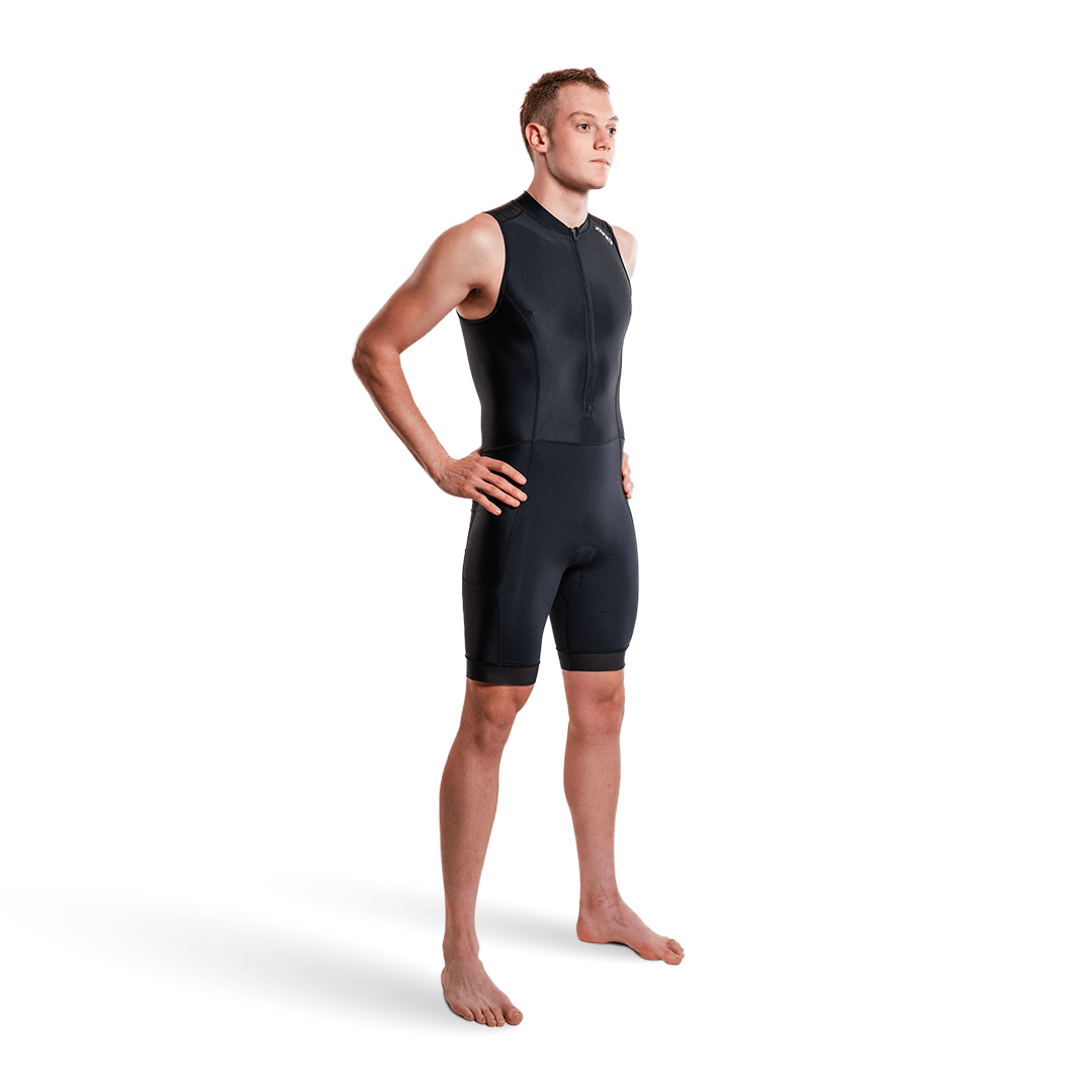 Person wearing a black activate+ sleeveless trisuit on a white background