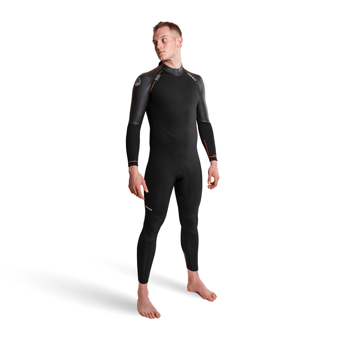 Active-Flex Wetsuit on a male model, ideal for open water swimming, surfing, and other water sports.