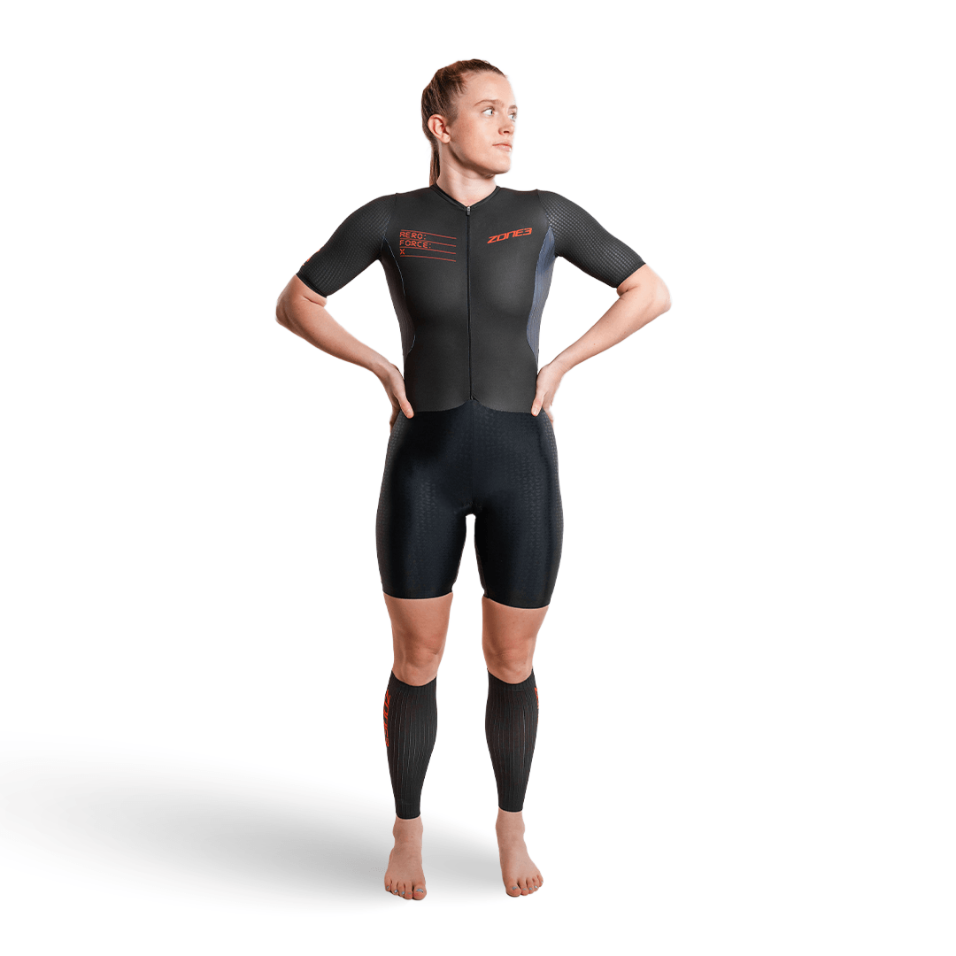 Person wearing Zone3 trsuit with  Aeroforce-X II Calf Sleeves