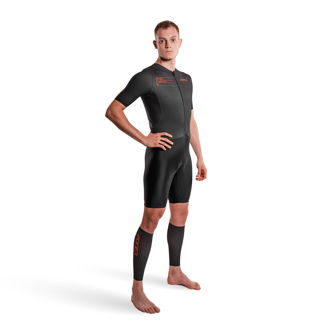 Person wearing Zone3 trsuit with  Aeroforce-X II Calf Sleeves