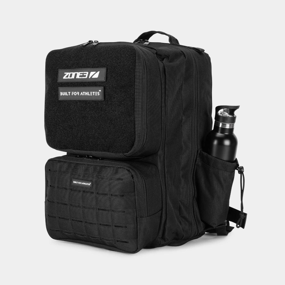 The Built For Athletes x ZONE3 45L transition backpack on a white background.
