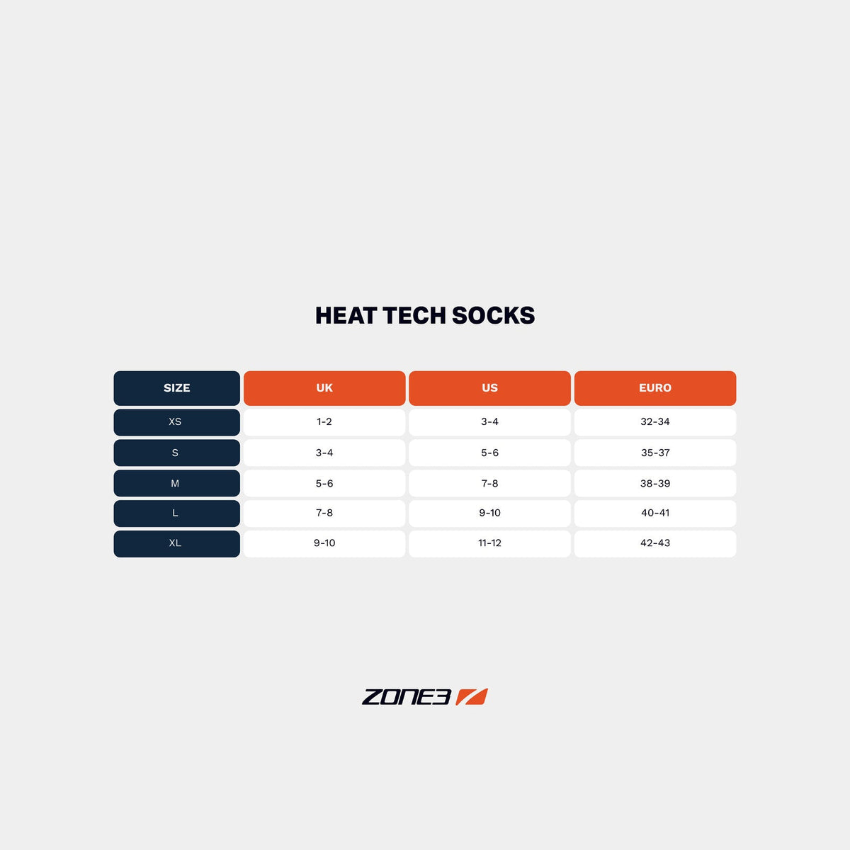 Heat Tech Socks size chart with a left size column and UK US and Euro size ranges for XS to XL.