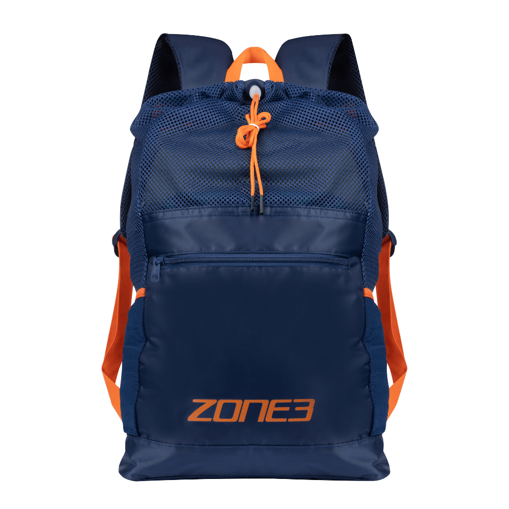 Navy blue Zone3 mesh backpack with orange drawcord, zip front pocket, and orange shoulder straps