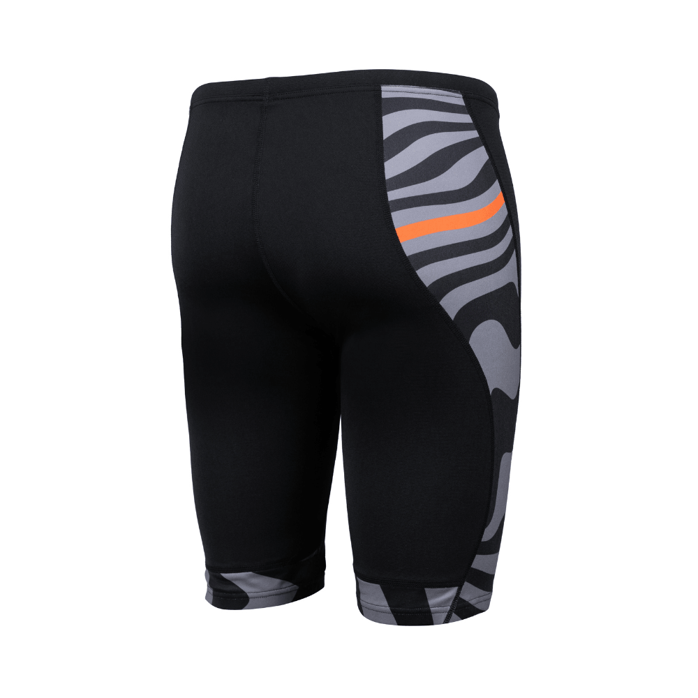 Back view of black men's jammers showing full wraparound grey and orange graphic on side panels