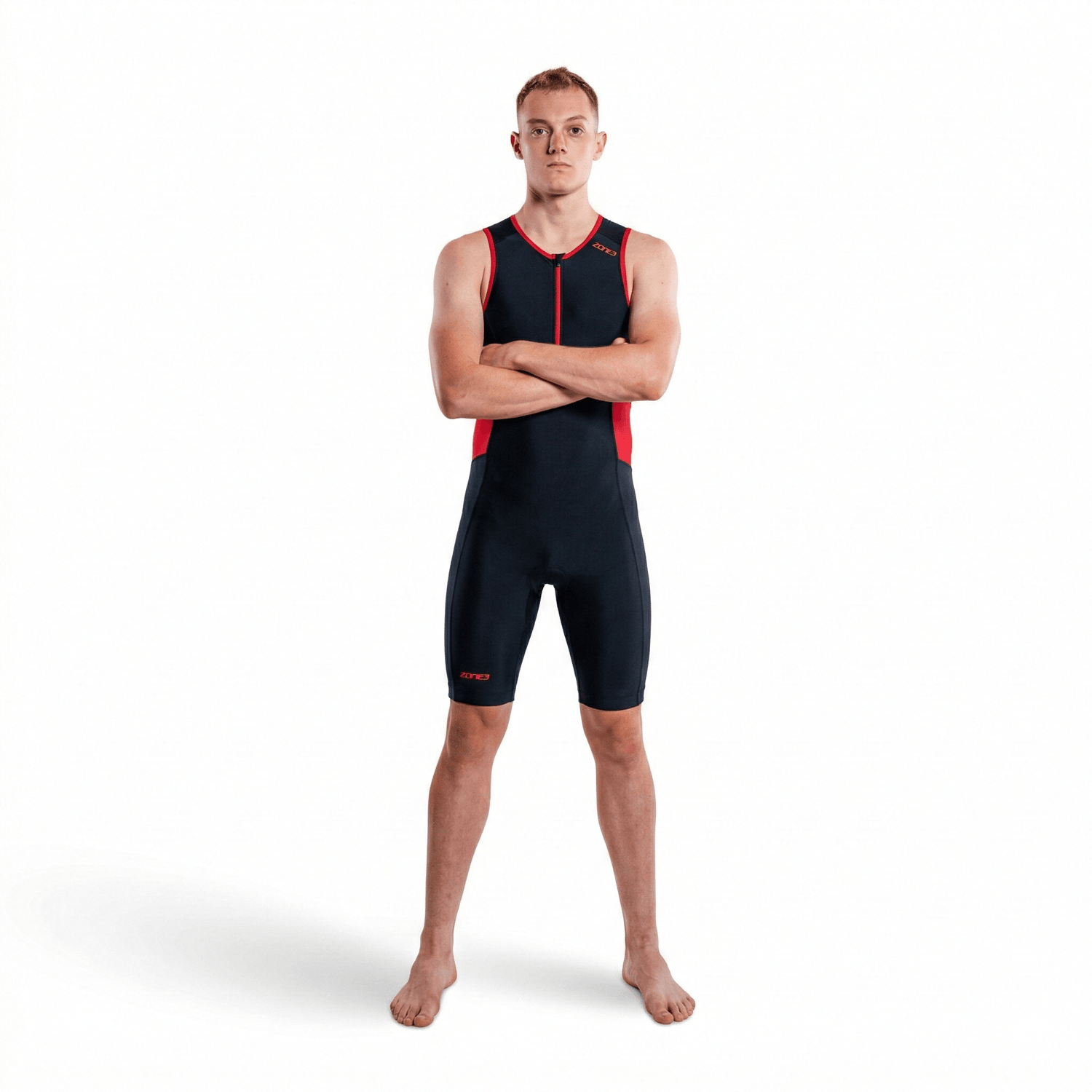 Man wearing a black and red sleeveless Activate Trisuit on a white background