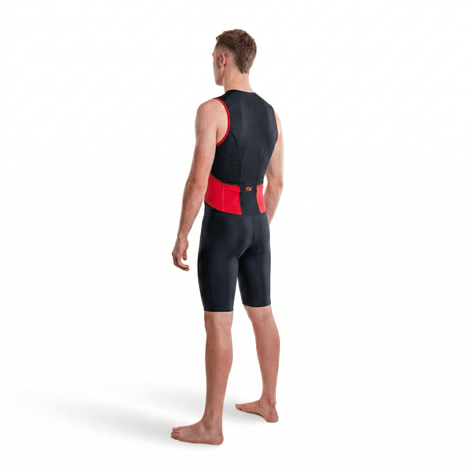 Man wearing a black and red sleeveless Activate Trisuit on a white background