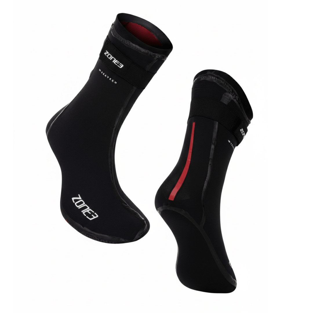 Pair of black Heat-Tech Swim Socks with Velcro ankle strap.