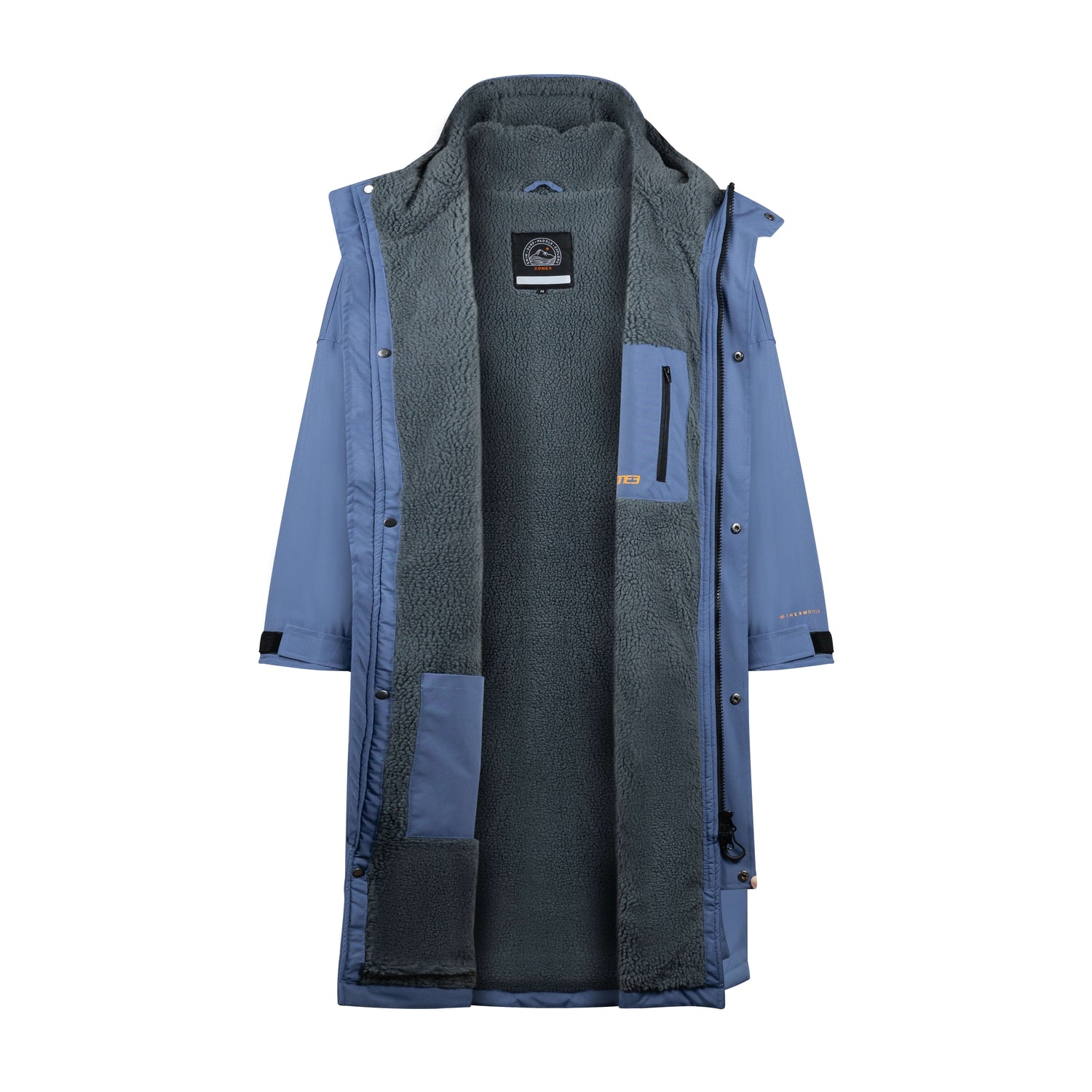 Open view of the robe revealing full interior fleece lining with chest zip pocket and towel pocket.