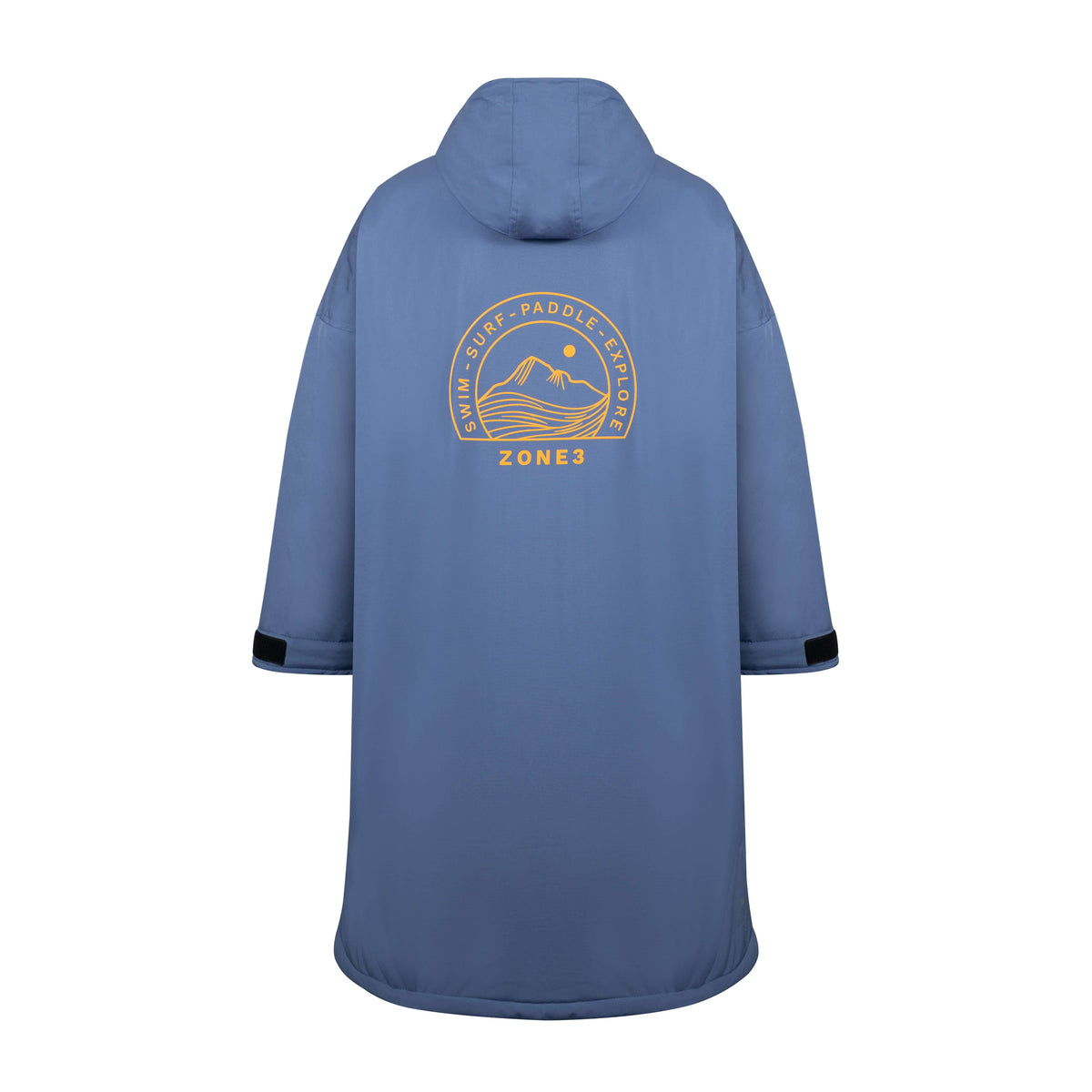 Rear view of the robe showing the large circular mountain and wave ZONE3 logo in orange.