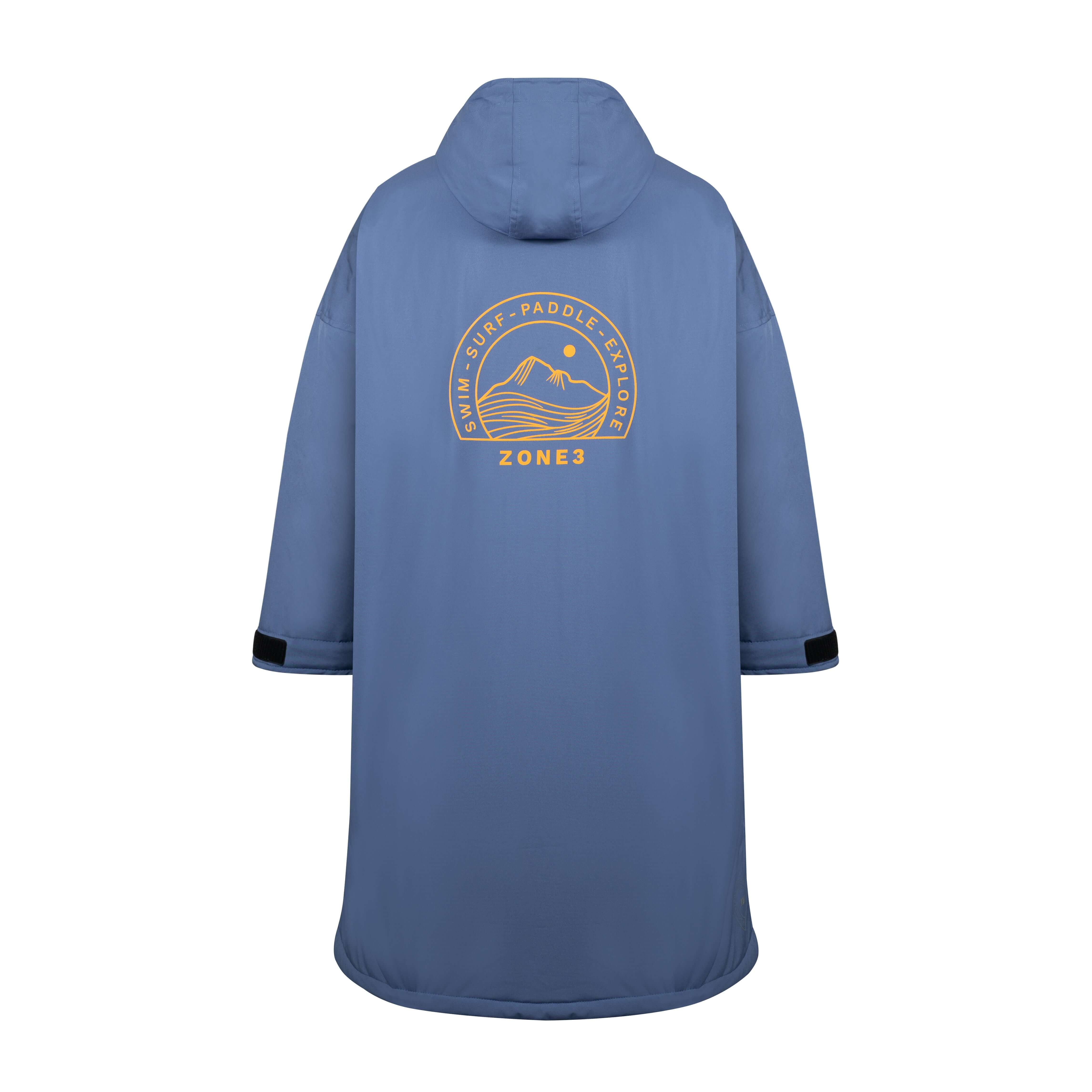 Rear view of the robe showing the large circular mountain and wave ZONE3 logo in orange.