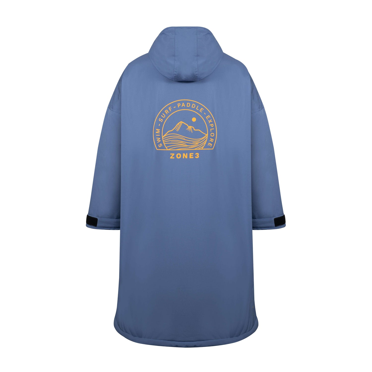Rear view of the robe showing the large circular mountain and wave ZONE3 logo in orange.