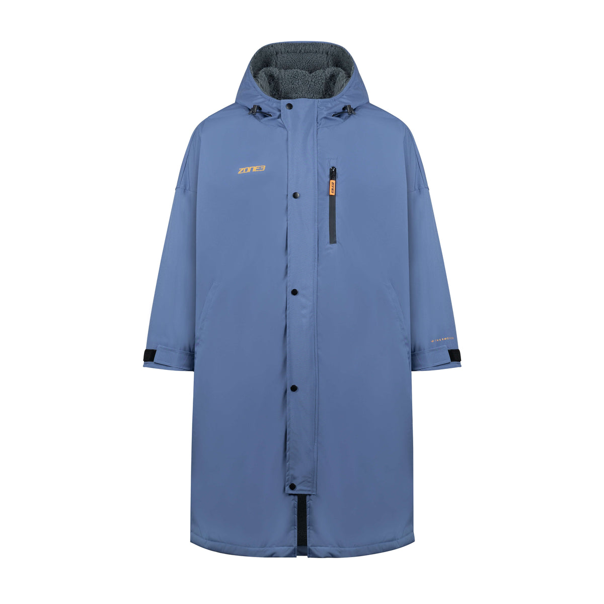 Front view of a long, Arctic blue changing robe with hood, black fleece lining, and orange ZONE3 logo on chest.