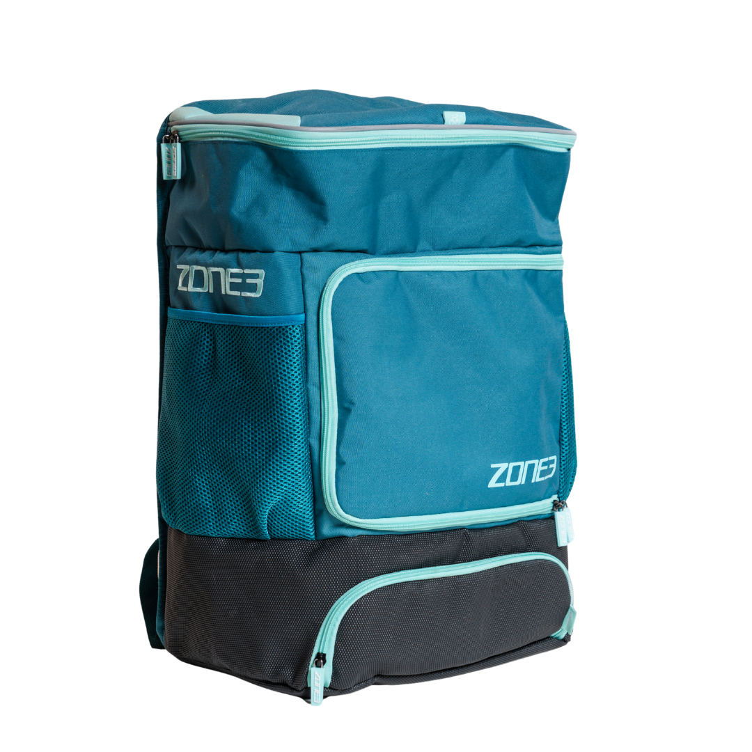 Blue and black Zone3 swim bag on a white background