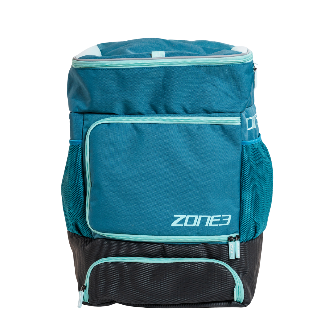Blue and black Zone3 swim bag on a white background