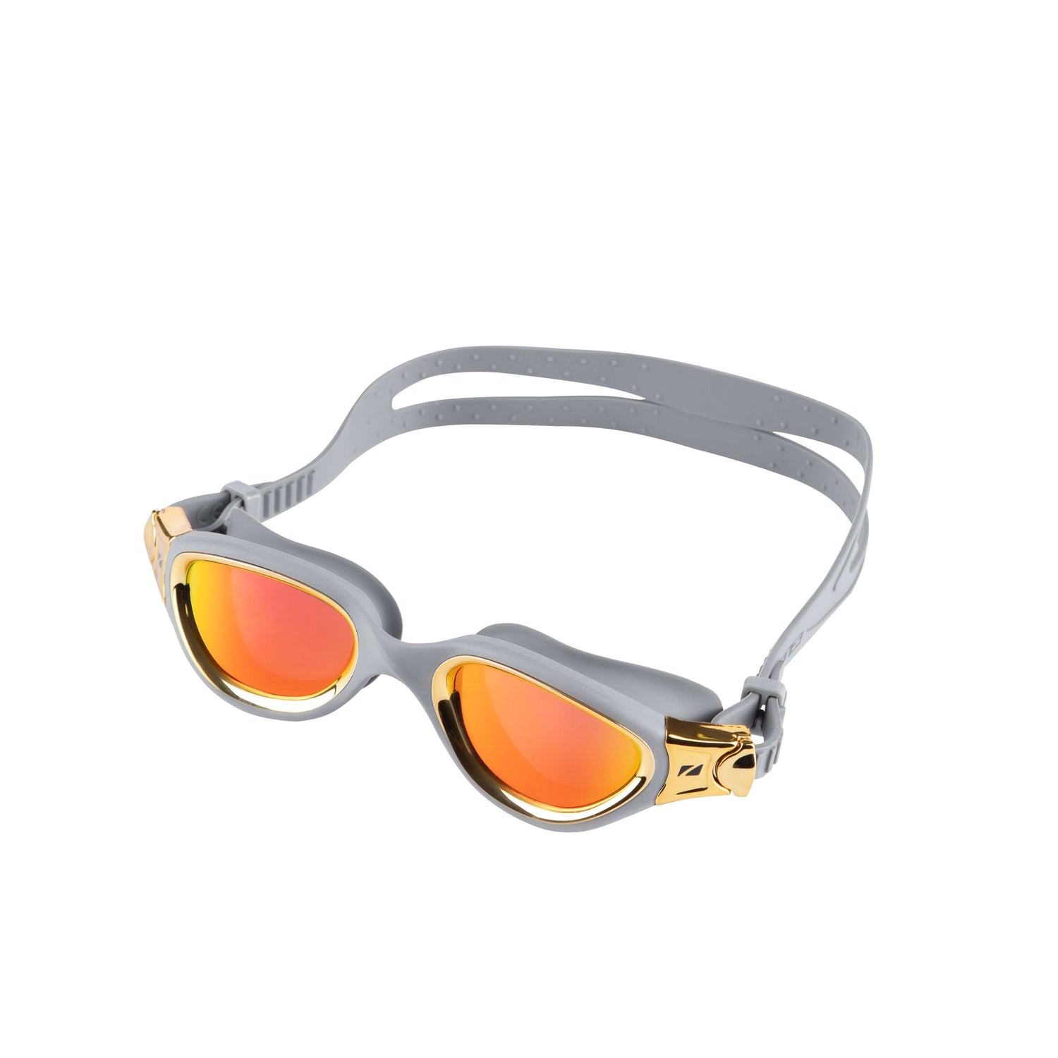 Venator-X swim goggles with gray frame and strap and gold accents, featuring mirrored orange lenses